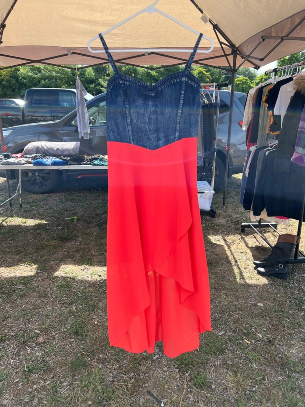 Double Zero Denim Bodice Red High-Low Dress
